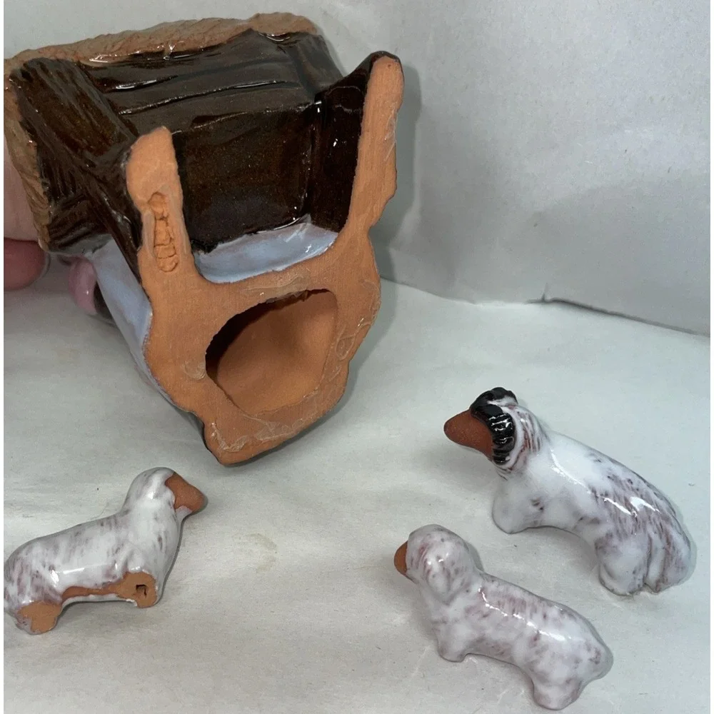 Vintage Mexican Folk Art Nativity Hand Painted Clay Mother Mary Baby Jesus Lambs